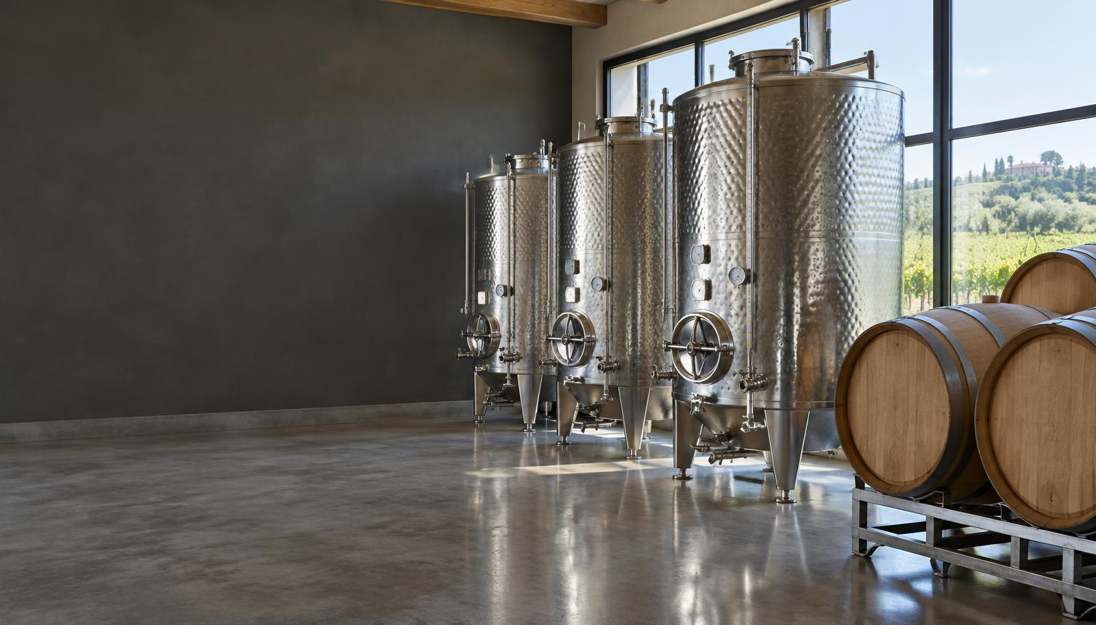 Botti e serbatoi in acciaio in una piccola cantina vitivinicola